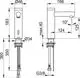 Keuco Wasserhahn in technischem Design mit seitlichem Bedienhebel, flexiblen Anschlüssen, und Maßangaben zur Installation, dargestellt in schematischer Ansicht.